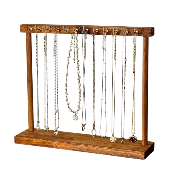Soporte de madera para collares con ganchos 24,5 cm altura 30 cm longitud 6 cm ancho organizador de escritorio para joyas madera marrón 1