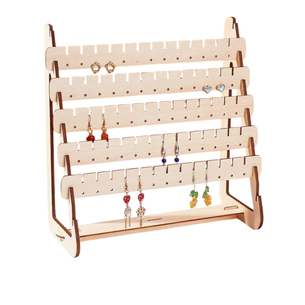 Soporte de madera para pendientes 8 filas organizador de joyas de mesa 25 × 25 × 11 cm soporte marrón con ranuras y agujeros para exhibir pendientes beige