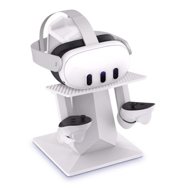 Soporte para gafas VR 21 x 24,6 x 17 cm con soporte para auriculares y dos ganchos para controladores para un almacenamiento ordenado de accesorios de juego en la mesa blanco
