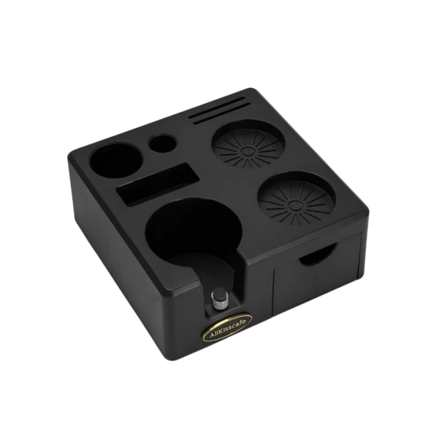 Soporte para tamper y portafilter de 58 mm con compartimento para filtros y cepillos de plástico ABS con cajón Organizador para accesorios de café y baristas negro Soporte para tamper y portafilter de 58 mm con compartimento para filtros y cepillos de plástico ABS con cajón Organizador para accesorios de café y baristas negro