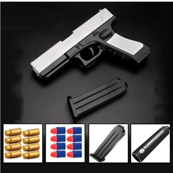 Sort airsoftpistol til børn med bløde kugler. Børnepistol med magasin og kuglehylstre. Sikkert legetøj til præcisionstræning. 1