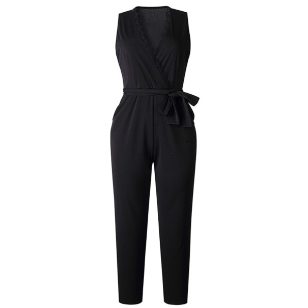 Sort damejumpsuit med bindebånd i taljen XL