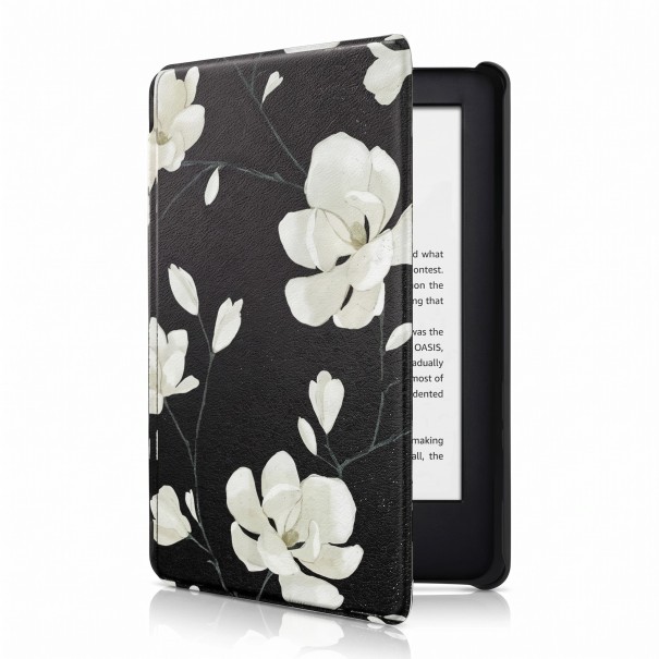 Sort flipcover 6 tommer til Kindle 10. generation 2019 med store hvide blomster og knopper på tynde grene med rem og folie 1