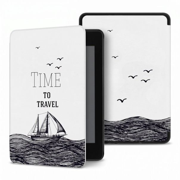 Sort-hvid flipcover 6 tommer til Kindle 10. generation 2019 med sejlbåd på bølgerne og teksten Time to travel med rem og folie 1