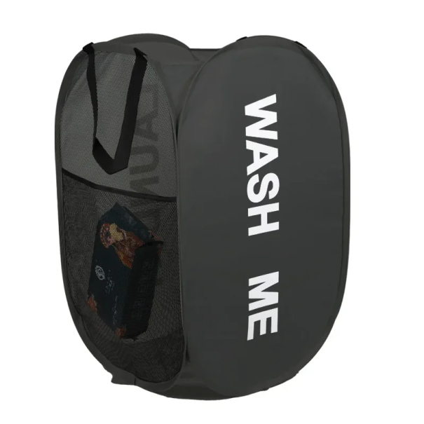 Sort sammenfoldelig netvasketøjskurv 36x36x58 cm Bærbar pop-up kurv til tøj Diameter sammenfoldet 20 cm 1