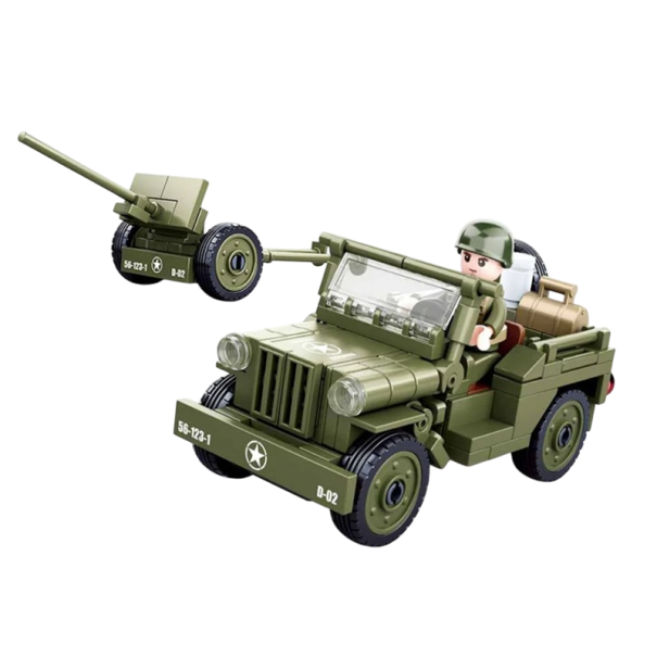 Sotilasjeeppi peräkärryllä -sarja 25,5 cm 143-osainen armeijan auto tykillä ja sotilashahmolla Toisen maailmansodan malli Sotilassarja 1