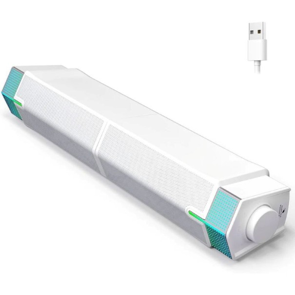 Soundbar pentru computer 2 bucăți Bluetooth alimentare USB iluminare RGB combinabil și separabil orizontal și vertical 6,9 x 8,9 x 20,1 cm pentru PC alb