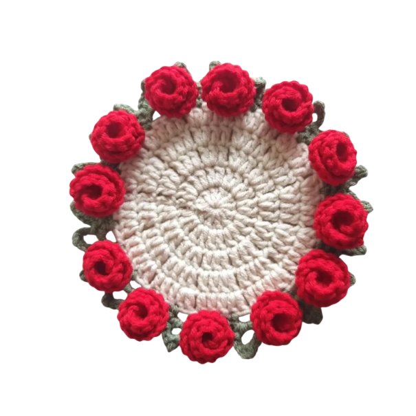 Sous-verre en crochet fait main avec motif de roses Sous-plat décoratif pour tasse Sous-verre de protection pour table pour un usage quotidien rouge