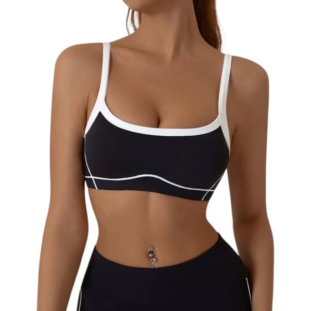 Soutien-gorge de sport pour femmes avec bord contrastant et surpiqûres décoratives sur des bretelles fines avec décolleté rond noir S