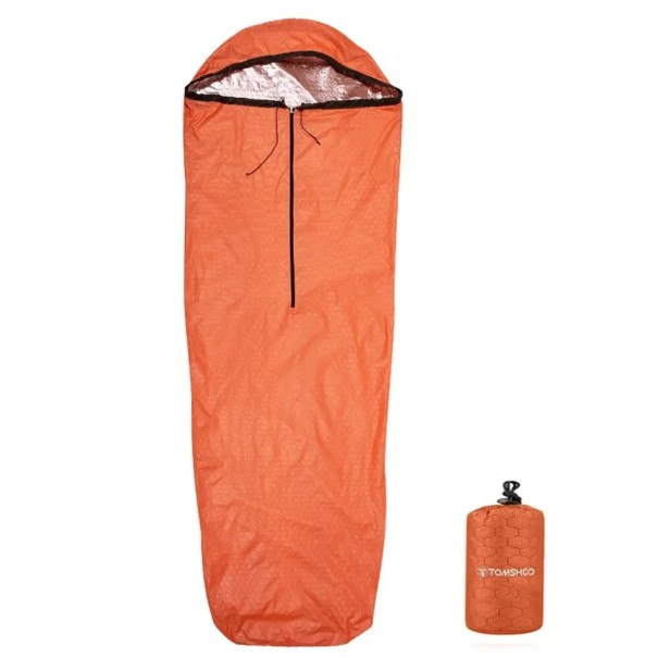 Spací pytel ľahký vodeodolný 210 × 80 cm nylon s hliníkovou fóliou kapucňa so sťahovaním zipsové zapínanie pre kempovanie turistiku oranžová