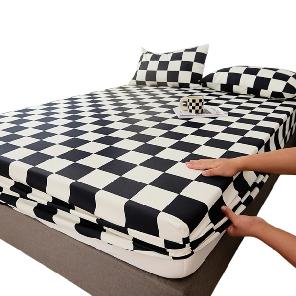 Spannbettlaken 180 x 220 x 30 cm Elastisches Bettlaken aus Baumwolle Polyester Rutschfest mit Gummi am Rand Bunt kariertes Muster schwarz