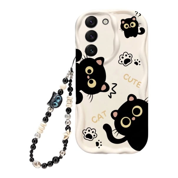 Spate cu pisici negre pentru Samsung Galaxy A35 5G Brățară din mărgeluțe pentru mână Rezistent Protejează colțurile și camera Alb crem Labe 1
