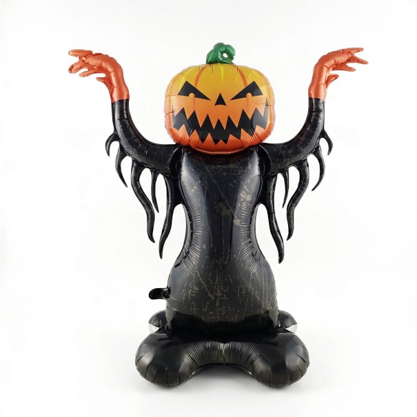 Spaventapasseri gonfiabile con testa di zucca Palloncino in piedi Personaggio di Halloween Con le braccia alzate Decorazione per feste in nero 1