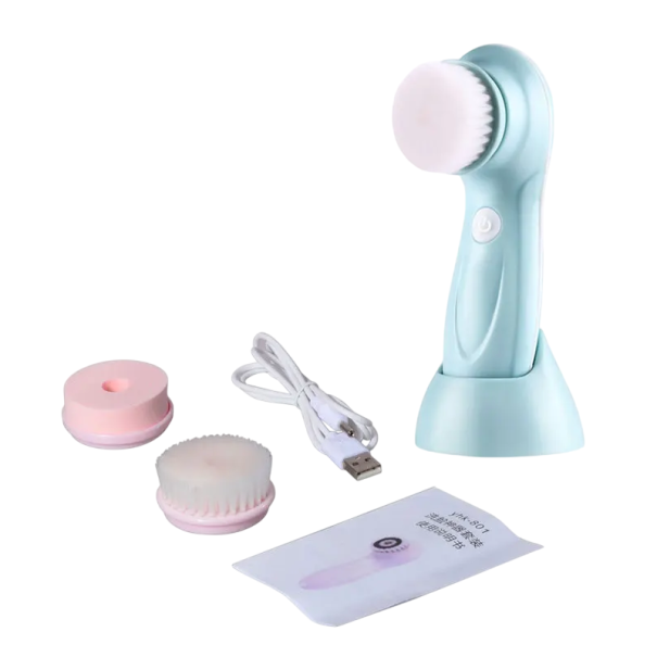 Spazzola elettrica per la pulizia del viso con 3 testine intercambiabili Batteria ricaricabile 350 mAh Impermeabile Cura della pelle con massaggio blu