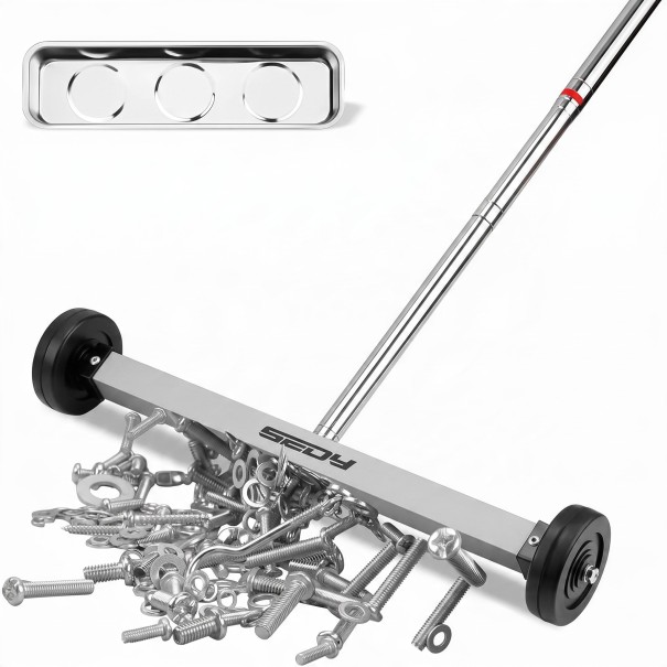 Spazzola magnetica per chiodi e viti 42,5 cm con ruote Manico telescopico 39 a 98 cm Acciaio inossidabile Piatto magnetico Per officina e garage 1