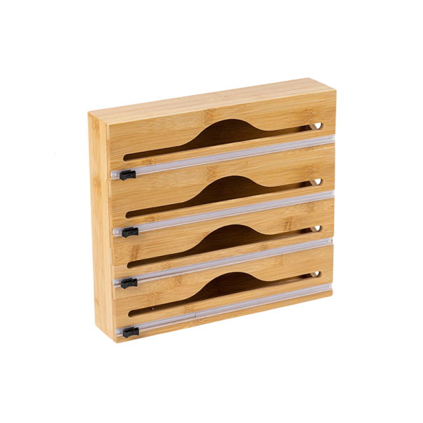 Spender für Küchenfolie mit Bambusbox Helles Holz Folienmesser Halter für Beutel und Tüten Küchenorganizer 4 Rollen 1