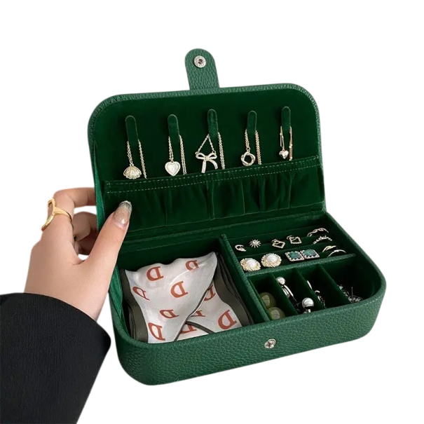 Šperkovnice s organizérem na prsteny, náušnice a náhrdelníky 19,5 × 11 × 4,5 cm z umělé kůže barevná úložný box na šperky zelená