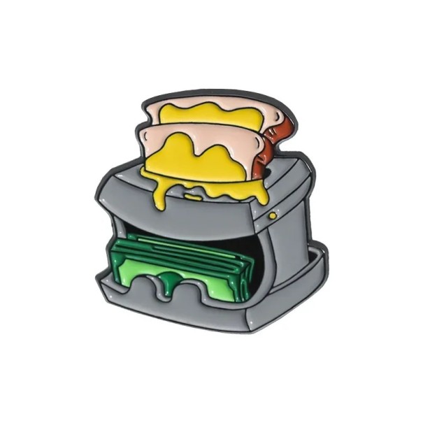 Spilla a forma di tostapane con banconote circa 2,8 × 2,8 cm pin in metallo smaltato grigio giallo verde accessorio per abbigliamento colletto zaino 1