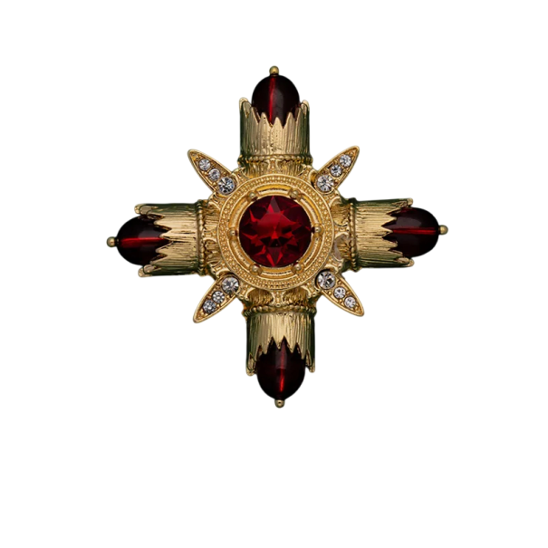 Spilla barocca alla moda in lega di zinco con finitura dorata e pietre rosse e verdi gioiello di lusso dalla forma interessante 3