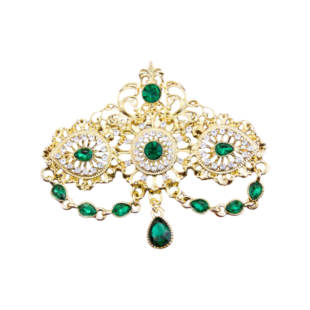 Spilla con pendente in cristallo e pietre circa 6,5 × 7,5 cm spilla decorativa con catene e elementi decorativi accessorio per abbigliamento verde