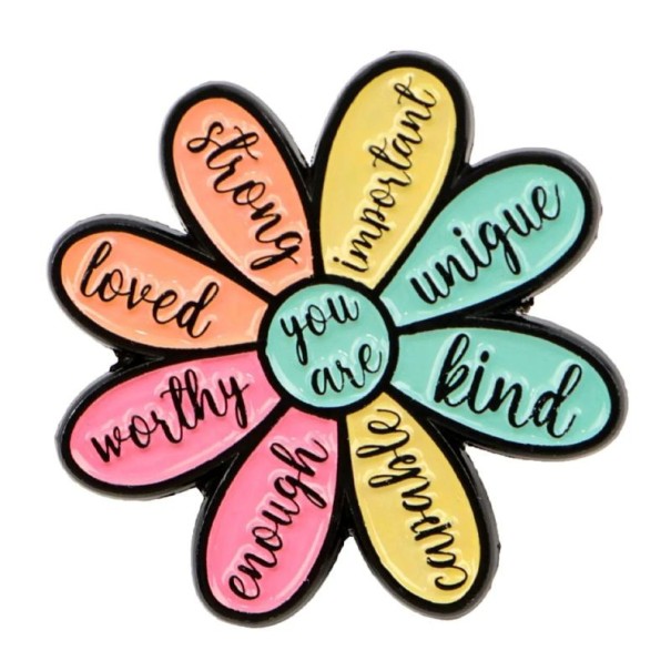 Spilla smaltata a forma di fiore con citazioni circa 3,2 × 3,2 cm spilla in metallo rosa gialla verde blu motivo disegnato accessorio per zaino 1