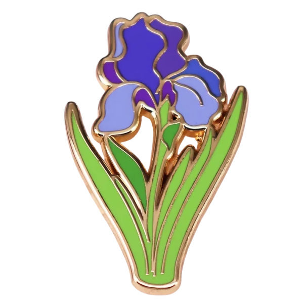 Spilla smaltata con motivo di iris fiori botanici distintivo metallico blu viola verde gioiello accessorio per zaino bavero abbigliamento 1