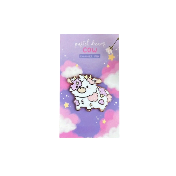 Spilla smaltata con mucca disegnata in colori pastello, spilla in metallo, motivo fantasy, design carino, accessorio per zaino, abbigliamento, bavero 1