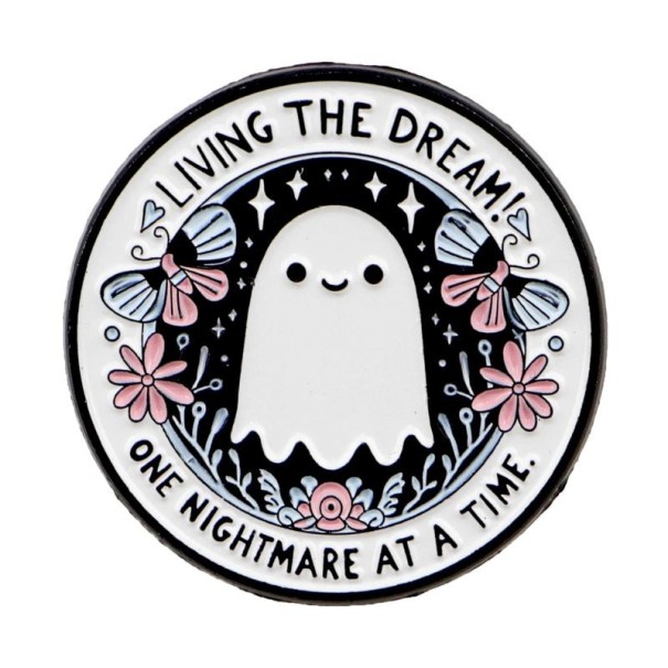 Spilla smaltata fantasma con scritta Living The Dream circa 3 x 3 cm distintivo metallico in bianco e nero motivo disegnato accessorio per zaino abbigliamento 1