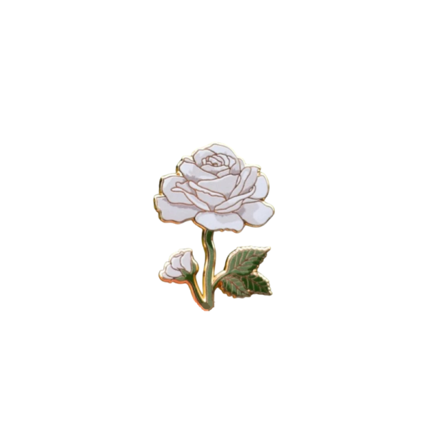 Spilla smaltata fiore di rosa brooch botanica bianca verde distintivo metallico motivo naturale accessorio per zaino risvolto abbigliamento 1