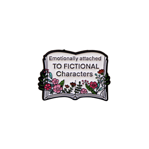 Spilla smaltata libro aperto con la scritta Emotionally attached to fictional characters pin colorato distintivo accessorio per abbigliamento 1