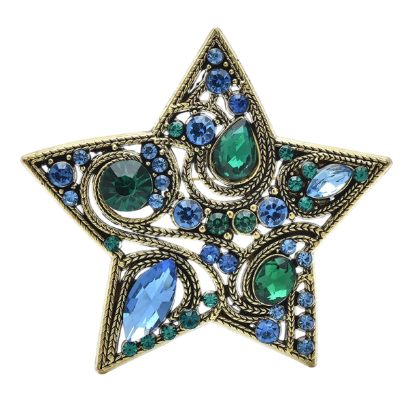 Spilla vintage a forma di stella con pietre circa 6 × 5,6 cm verde-blu decorata spilla gioiello per abbigliamento colletto accessorio 1