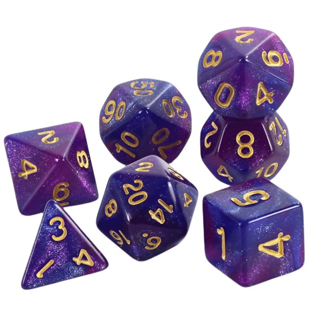 Spilleterninger 7 stk. mangefacetterede RPG terninger Galakse stil Flerfarvet fantasy sæt til brætspil Dragehule rollespil lilla