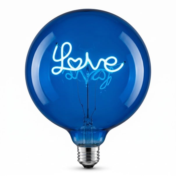 Spiral LED-lampa G125 E27 Tråd i form av texten Love 4 W 220 V 12,5 x 17,5 cm Glasöverdrag och aluminiumfäste för lampor och belysning blå
