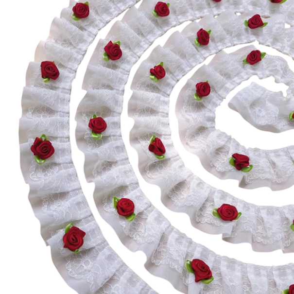 Spitzenstoff mit Rüschen und Rosen 4 cm x 91 cm Mischgewebe aus Polyester und Baumwolle dekorative Spitze zur Verzierung von Kleidern, Bekleidung und Accessoires weiß