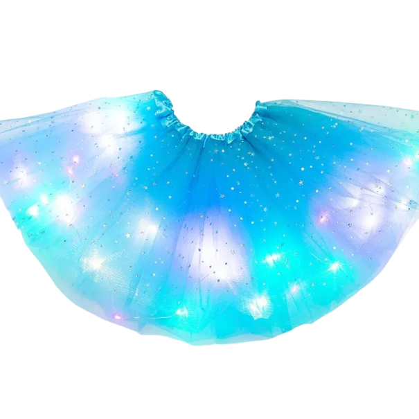 Spódnica z tiulu z podświetleniem LED dla kobiet 40 cm Mini spódniczka baletowa z nadrukiem gwiazdek Spódnica tutu warstwowa Zasilana bateriami CR2032 Akcesorium karnawałowe niebieski