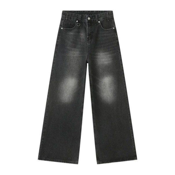 Spodnie jeansowe męskie o prostym kroju, sprane Luźne, szerokie nogawki Modny styl vintage Wygodne jeansy do noszenia na co dzień czarny S