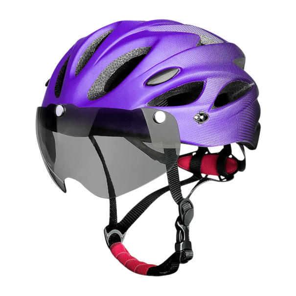 Sport-Fahrradhelm mit LED-Licht und magnetischer Schutzbrille. Leichter Helm mit Belüftung für Erwachsene, Größe 58 – 62 cm, 15 Löcher lila