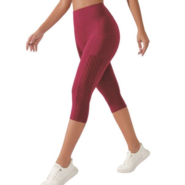 Sportlegging tot op de kuit voor dames met zakken, zeer elastische fitnesslegging voor oefeningen, yoga, hardlopen, slanke pasvorm, actieve kleding rood S