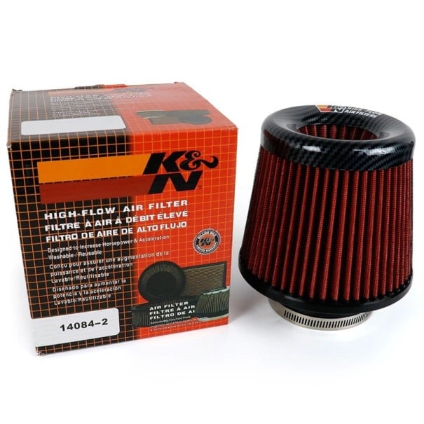 Športový vzduchový filter s vysokým prúdom 75 mm Karbonový vzhľad Univerzálny kužeľový filter sania Na auto aj tuning umývateľný a znovupoužiteľný červená
