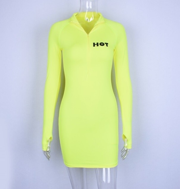Sportowa mini sukienka z długim rękawem neonowa zieleń S