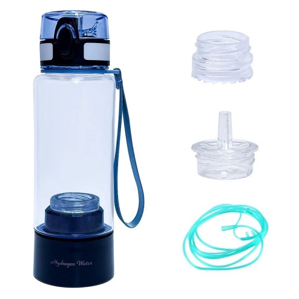 Sportwasserflasche mit 3000 ppb hohem Wasserstoffgehalt, selbstreinigender tragbarer Ionisator, 380 ml wasserstoffreiche Glaswasserflasche mit Griff, 23 x 7 cm schwarz