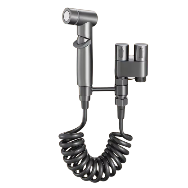 Spray bidet manual para sanita com mangueira Saída dupla Válvula angular G1/2 Alavanca de pressão Spray suave e modo chuveiro Conjunto cinzento