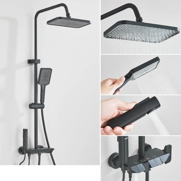 Sprchový set s dešťovou hlavicou 27,5 x 18,5 cm a ručnou sprchou nástenná batéria ABS a nerezová oceľ nastaviteľná tyč 85-120 cm do kúpeľne čierna