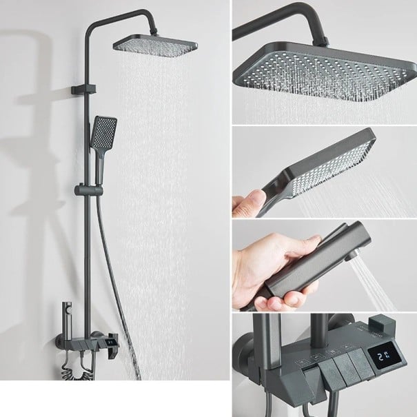 Sprchový set s digitálnym displejom, dažďová hlavica 27,5 x 18,5 cm a ručná sprcha, nástenná batéria ABS a nerezová oceľ, tyč 85-120 cm sivá