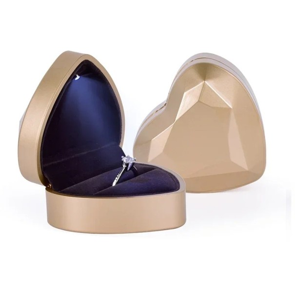 Srdcová šperkovnica na prsteň s LED osvetlením farebná krabička na prsteň alebo náhrdelník prezentačný box na šperk zlatá