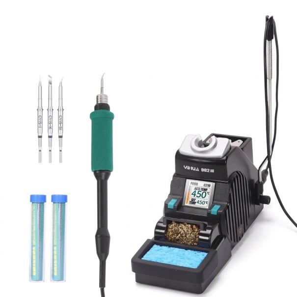 Stacja lutownicza 6,8 x 18 x 11 cm z regulacją temperatury 90–480 °C, kolorowym wyświetlaczem i uchwytem C115 z 3 końcówkami oraz lutem w kolorze 1