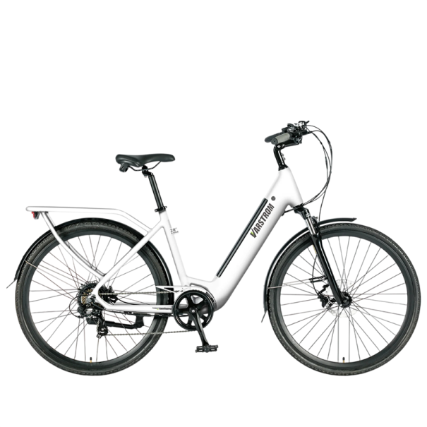 Stadt-Elektrofahrrad VARSTROM 28", Motor 250W, Batterie 43,2V 13Ah, Reichweite 120 km, 7 Gänge, Aluminiumrahmen, Scheibenbremsen, Gepäckträger weiß