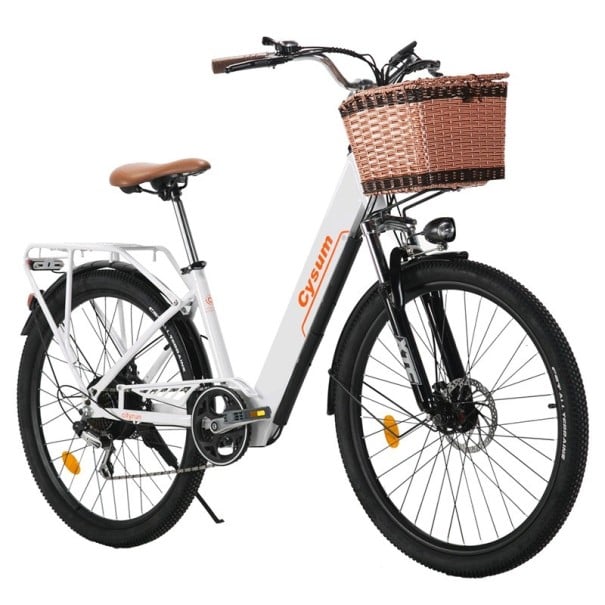 Städtisches Elektrofahrrad mit Step-Thru-Rahmen und vorderem Korb, 26 Zoll Räder, 36V 10Ah Batterie, Reichweite 90 km, 7 Gänge, 250 W Motor weiß
