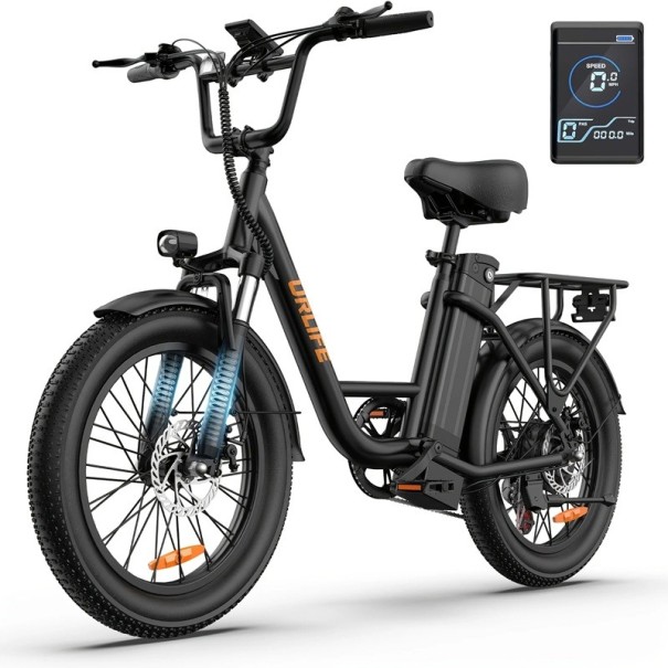 Städtisches Elektrofahrrad URLIFE, Motor 1000W, Batterie 48V 13Ah, 20×3 Fat-Reifen, 7 Gänge, austauschbare Batterie, Scheibenbremsen schwarz