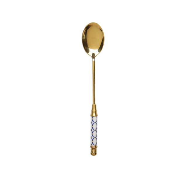 Stainless Steel Dessert Spoon with Long Handle Gold Tea Spoon for Coffee Ice Cream Cake Fruit Spoon with Blue and White Handle 1